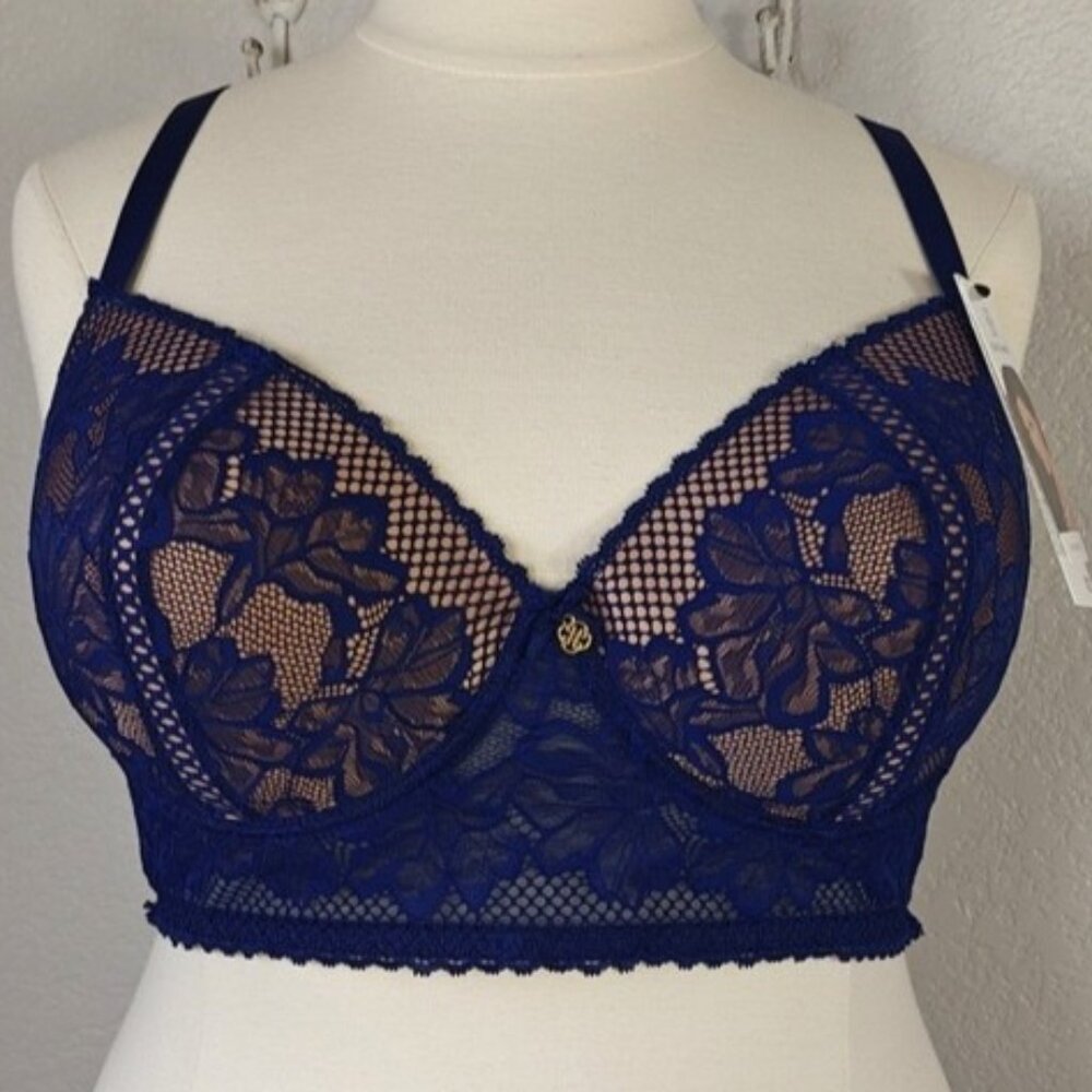 Daisy Fuentes 42D Bra Navy Underwire Longline Lace Molded Cup